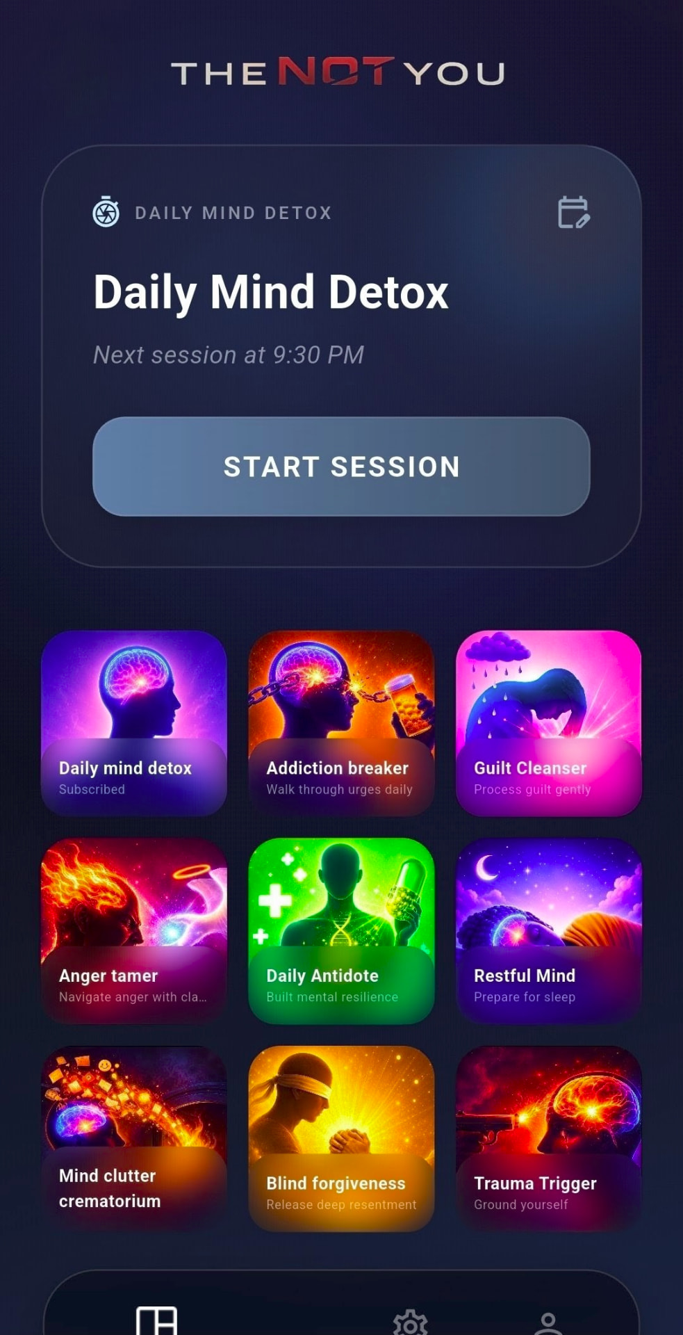 The Not You app dashboard showing the Daily Mind Detox session card and a grid of guided sessions including Anger tamer, Restful Mind and Guilt Cleanser.